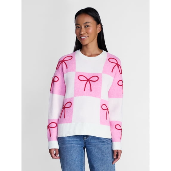 Holiday Time Women's & Women's Plus Bow Print Checkered Sweater, Midweight, Sizes XXS-4X