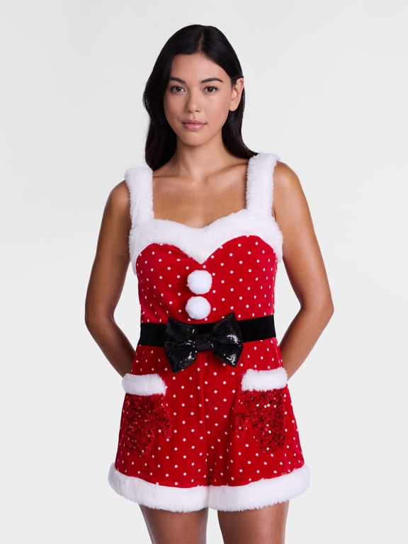 Women’s Christmas Santa Velvet Polka Dot Romper with Faux Fur Trim by Holiday Time, Sizes XXS-XXL