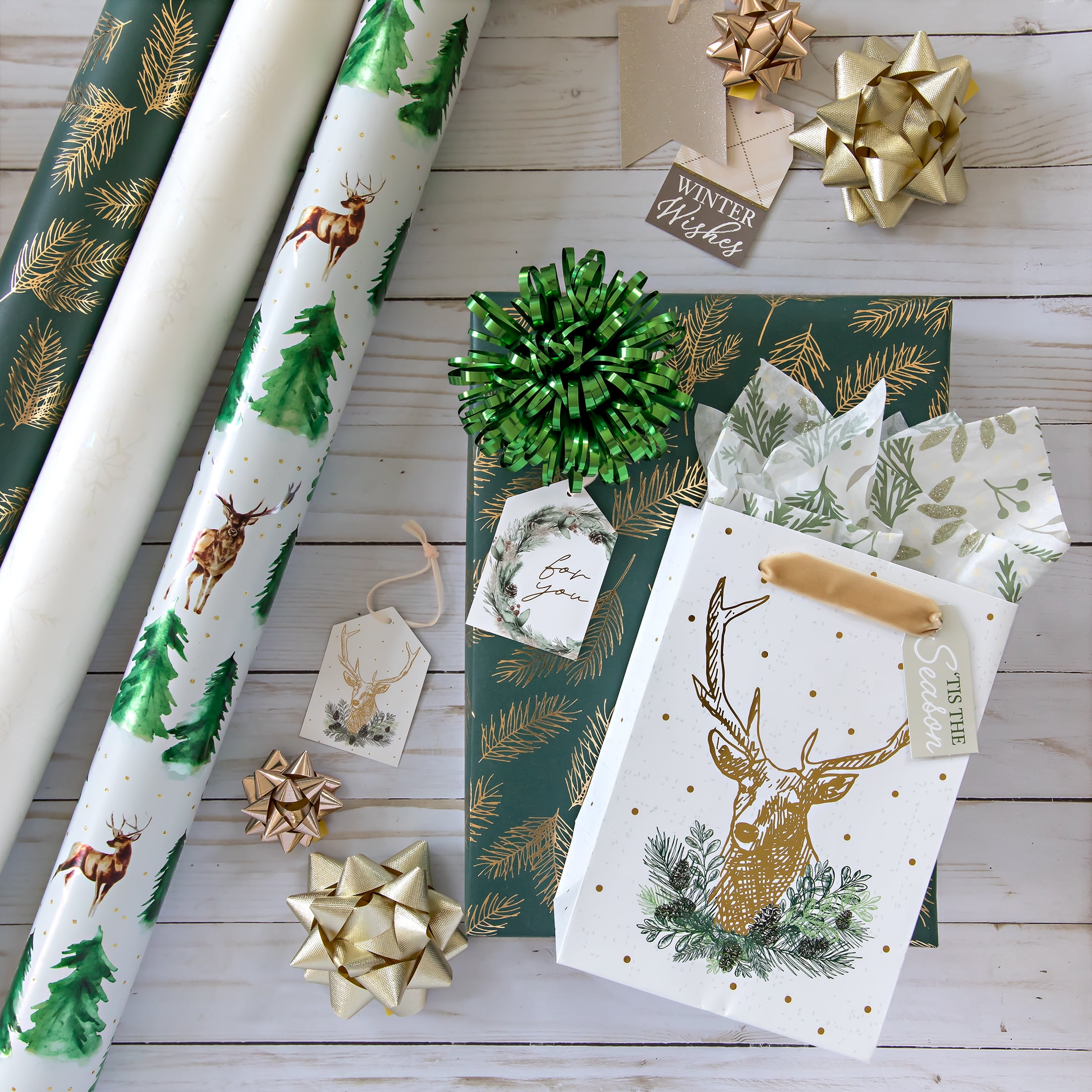 Holiday Time Premium Gift Wrap Bundle Kit, White Christmas Collection, 33  pieces, 2 Rolls Kraft Wrapping Paper, 1 Foil Wrapping Paper, 6 Gift Bags,  12