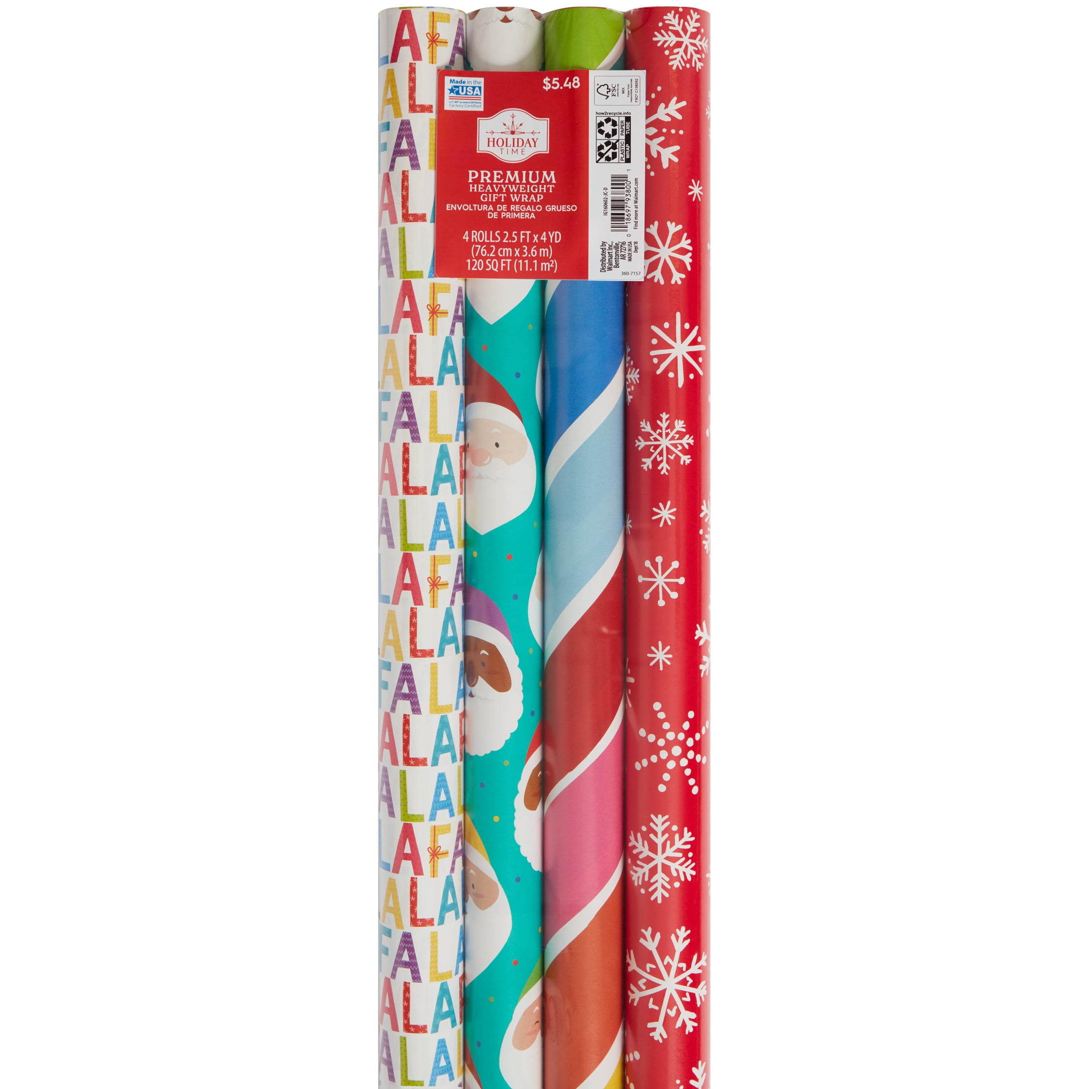 Holiday Time Premium Wrap Assortment, Christmas Wrapping Paper, 4 Rolls