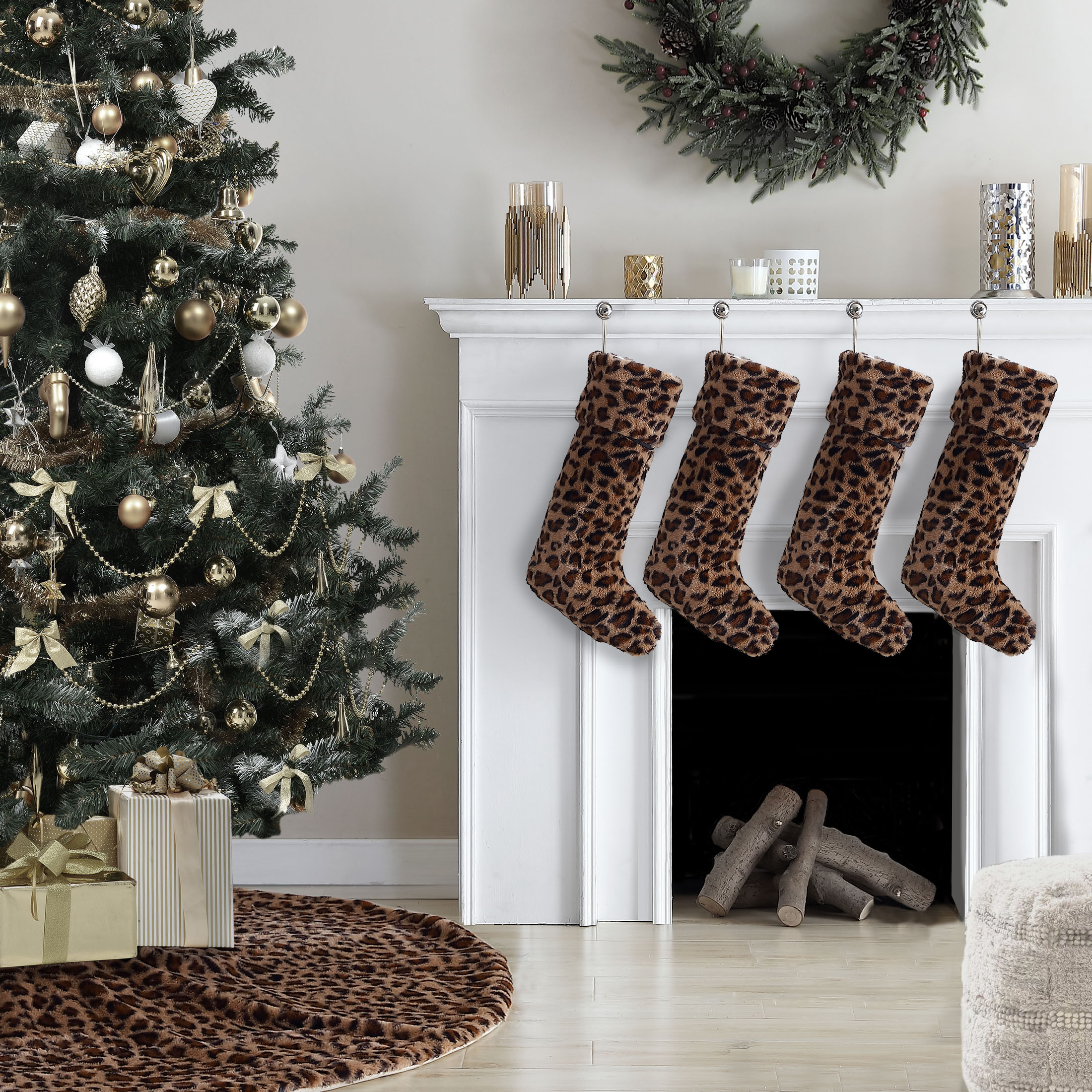 Holiday Time, Rabbit Faux Fur Leopard Print Tree Skirt, 56" - image 1 of 5