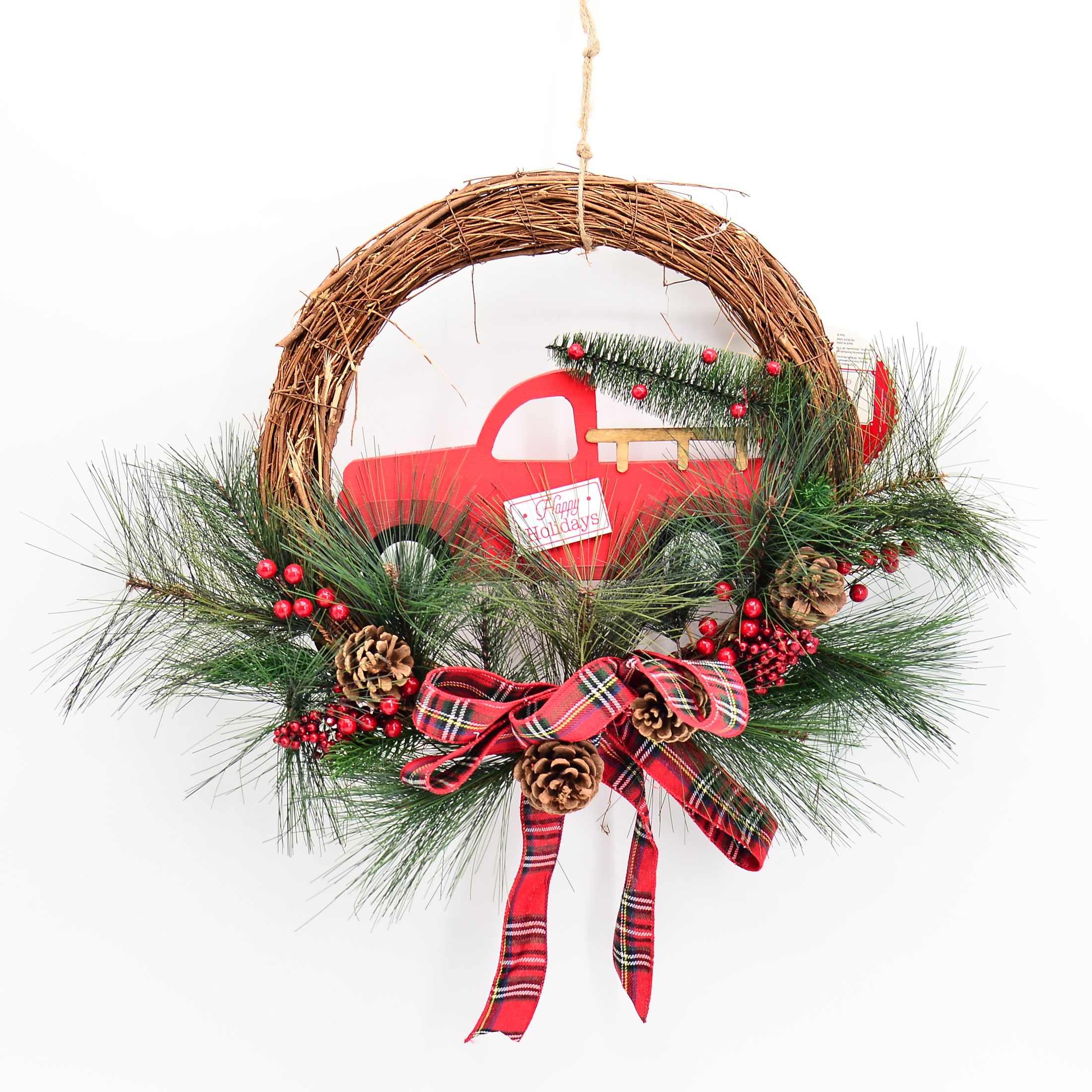 Holiday Time Rattan Unlit Wreath, with Truck including Ornament 17.7" (Multi-color) - image 1 of 5