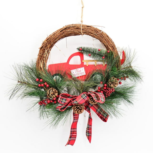 Holiday Time Rattan Unlit Wreath, with Truck including Ornament 17.7" (Multi-color)