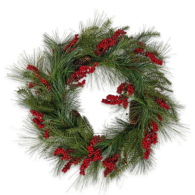 Holiday Time Red Berry Evergreen Christmas Wreath, 22 Inch
