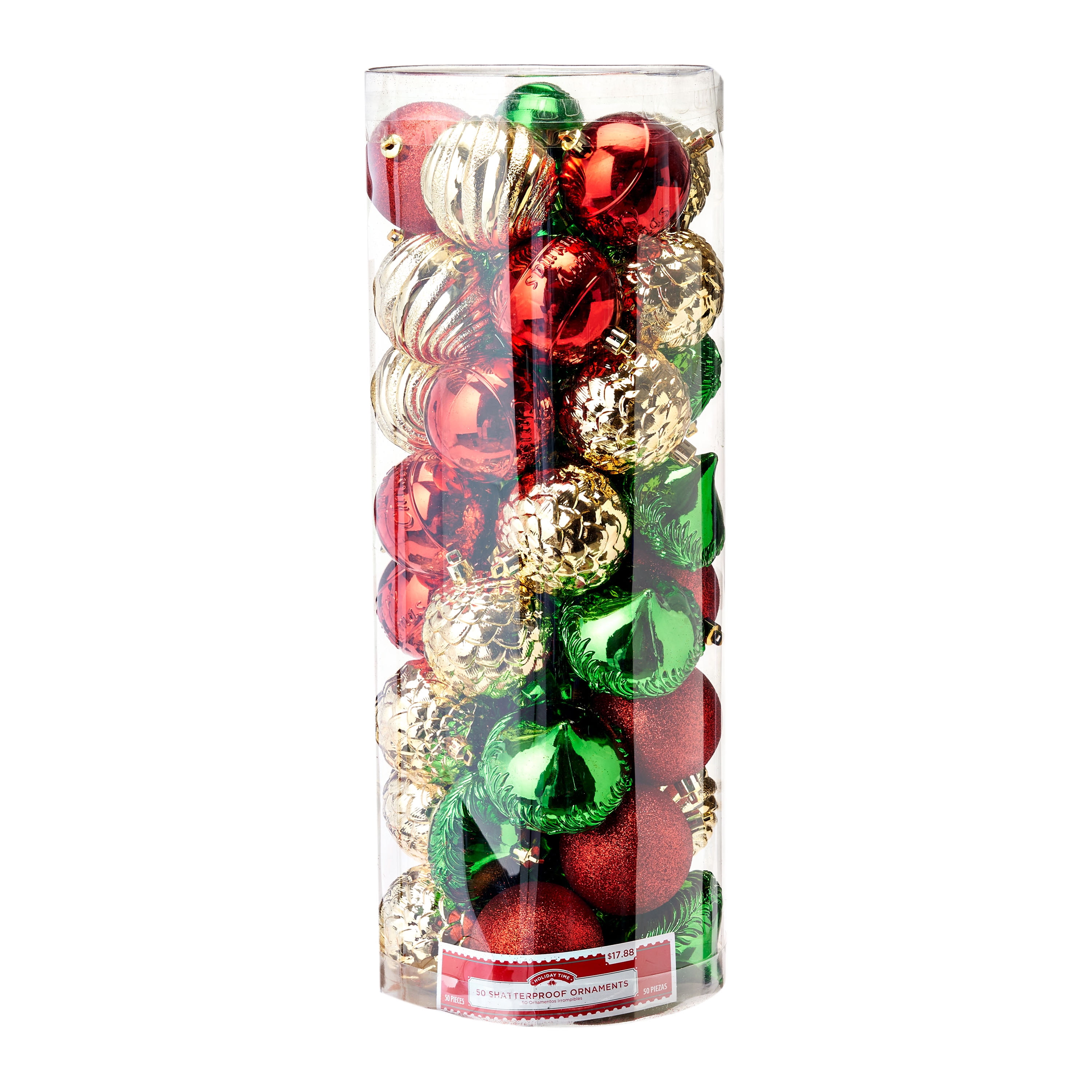 Holiday Time Red, Green & Gold Shatterproof Christmas Ornaments, 50 Count