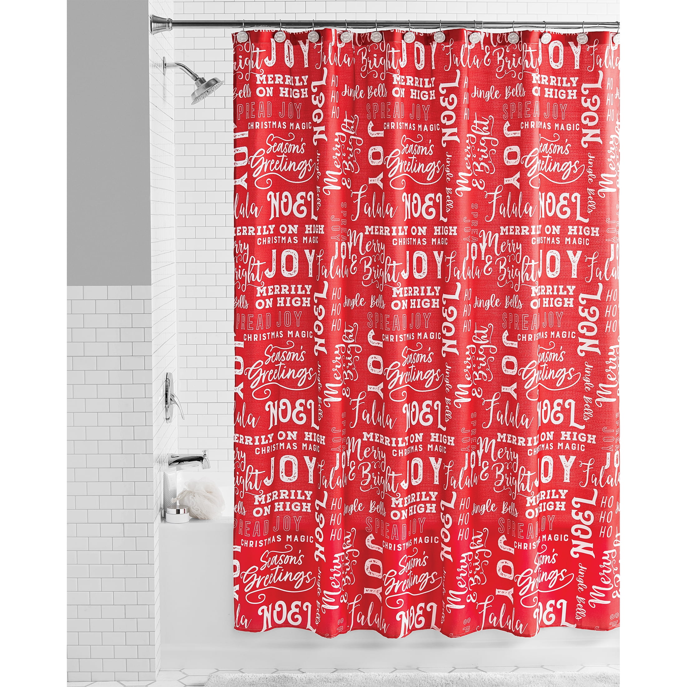 Holiday Time Red Merry & Bright Typography Slub Polyester Shower Curtain Set, 72 in x 72 in 13 Pieces
