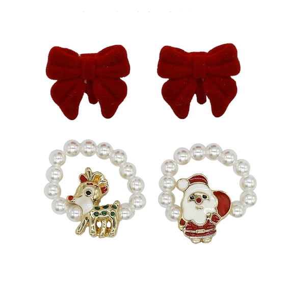 Holiday Time Red Velvet Bow Stud Earrings and Faux Pearl Santa and Reindeer Rings, 3-Piece Set