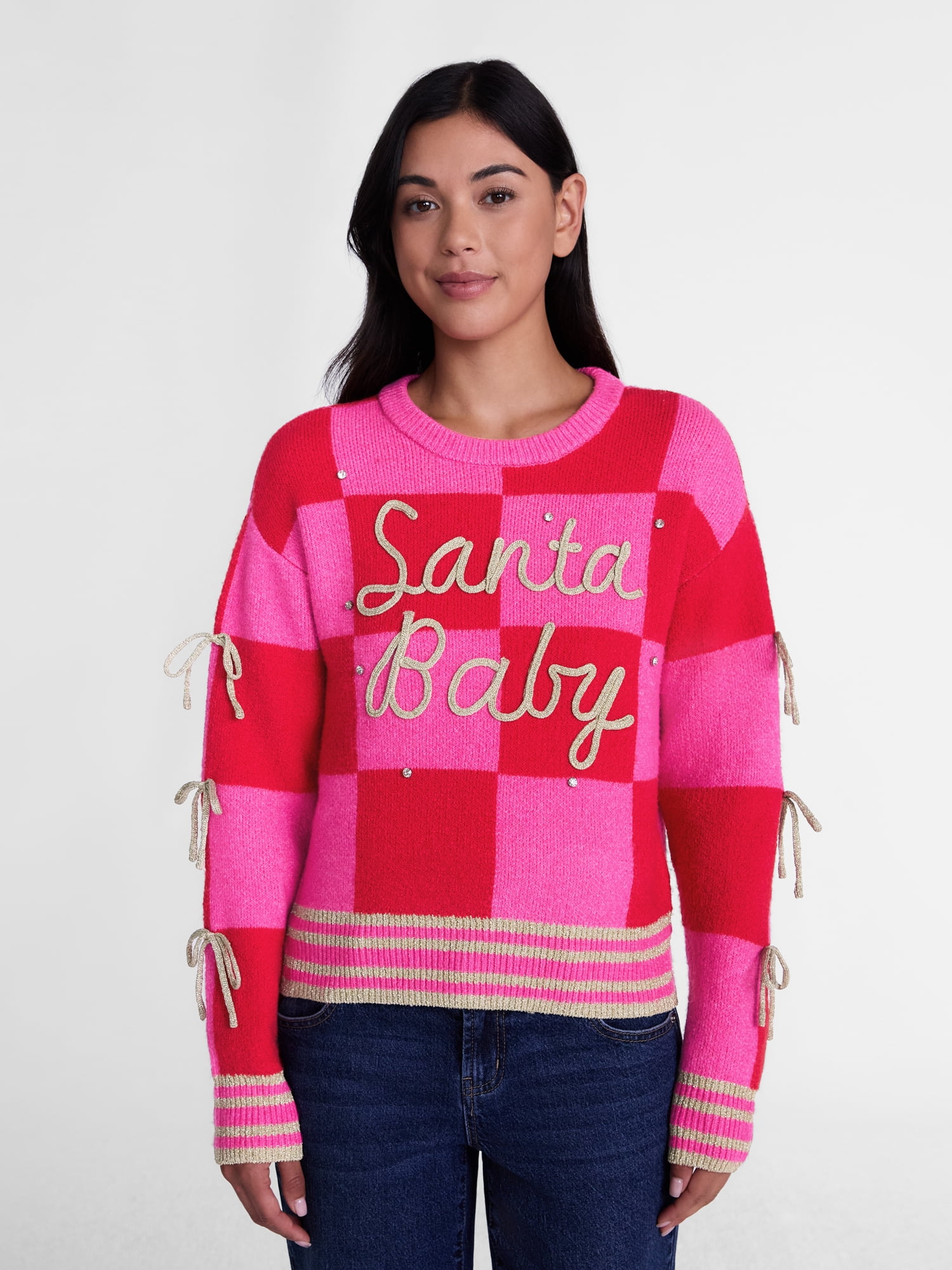 Women’s Santa Baby Checkered Applique Sweater by Holiday Time, Midweight, Sizes XXS-XXL