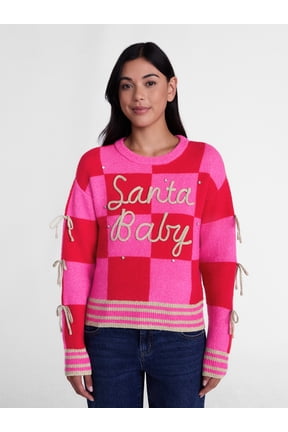 Women’s Christmas Santa Baby Checkered Applique Sweater by Holiday Time, Midweight, Sizes XXS-XXL