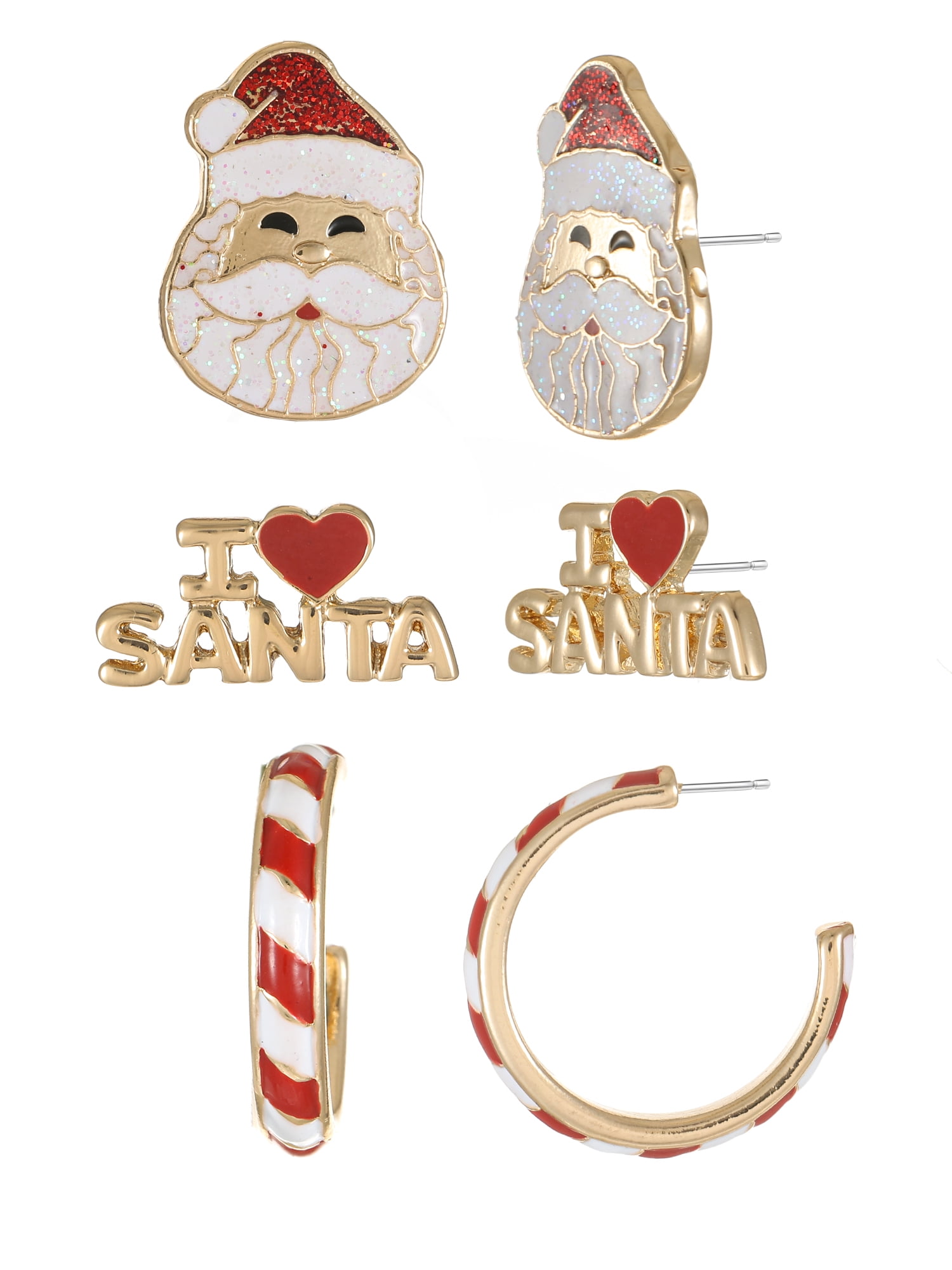 Holiday Time Santa and Candy Cane Earring Set, 3 Pairs