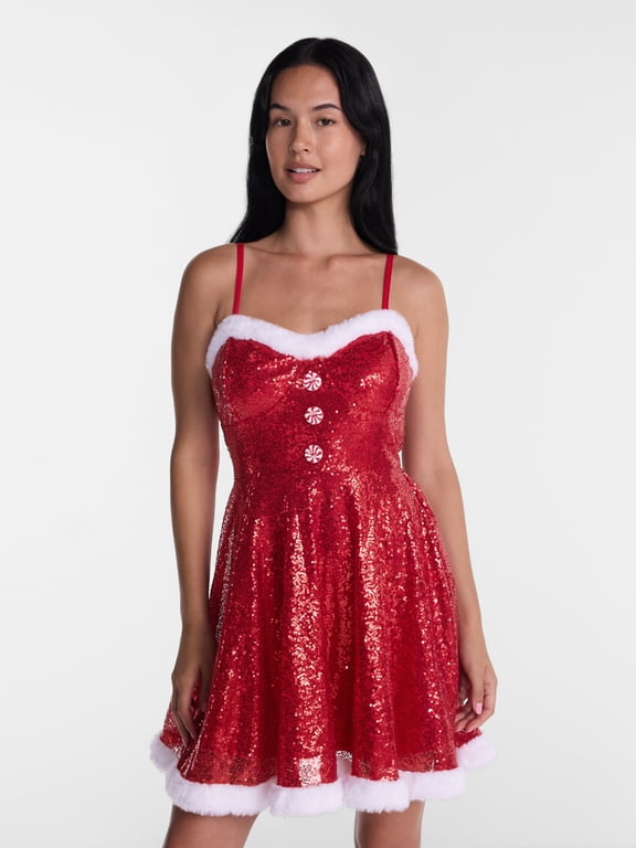 Holiday Time Women's Christmas Sequin Santa Mini Dress, Sizes XXS-XXL