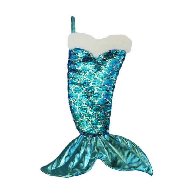 Holiday Time Sequined Blue Mermaid's Tail Christmas Stocking