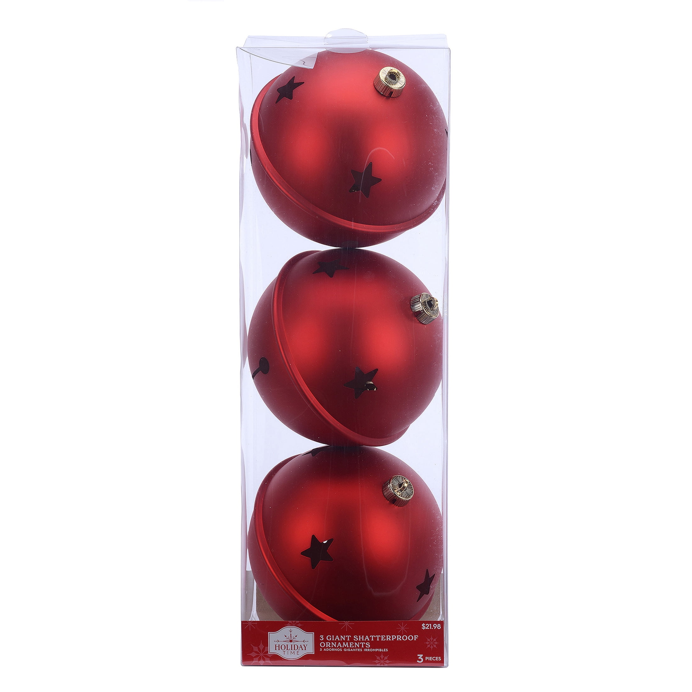 Holiday Time Set of 3 Jumbo Bell Christmas Shatterproof Ornaments, Red