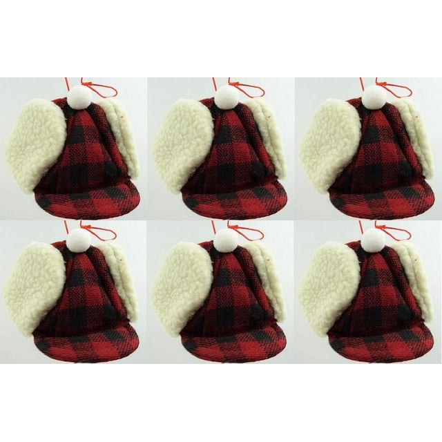 Holiday Time Set of 6 Red Black Fabric Hat Ornament. Bough of Holly Theme.  Red & Black Color