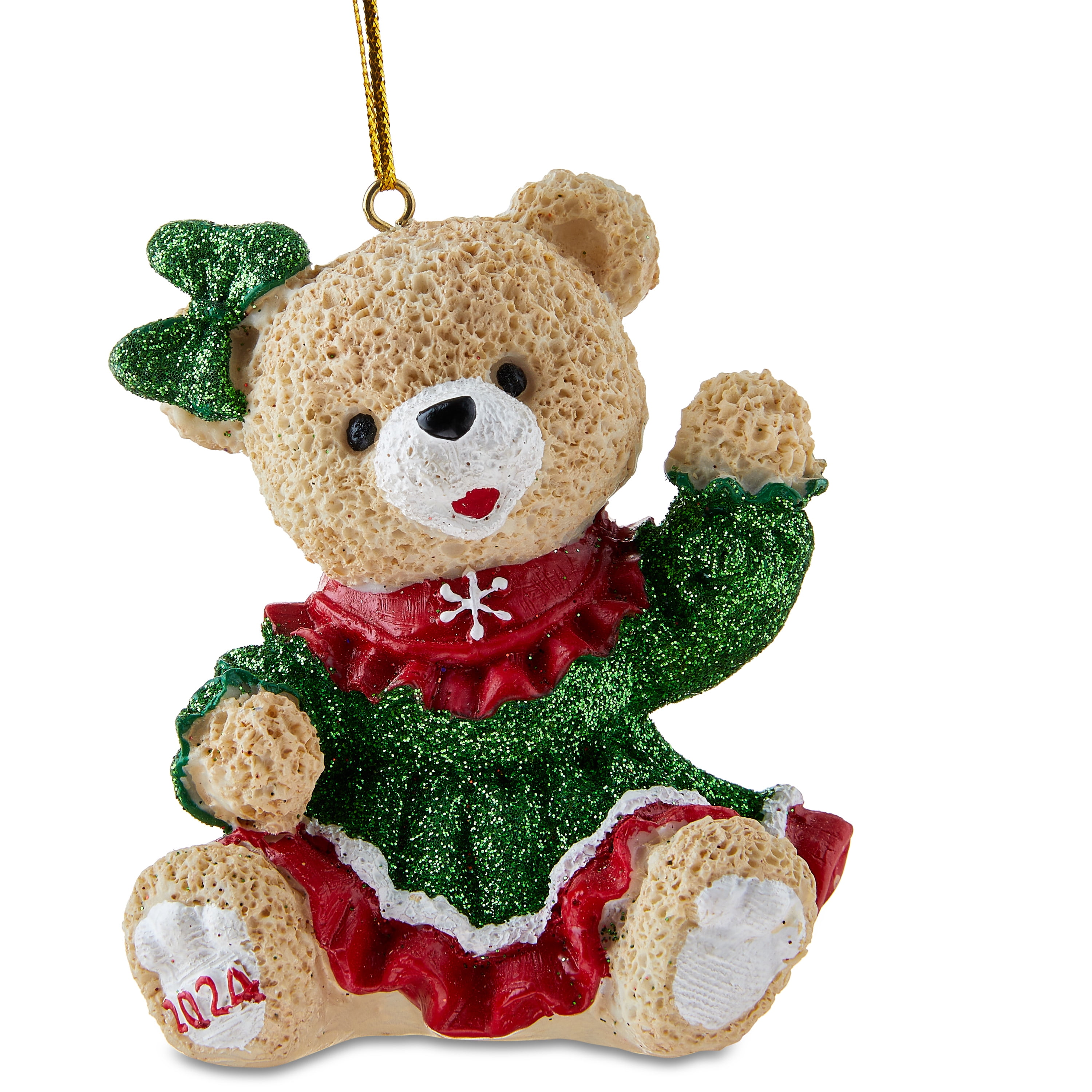 Green Dress Teddy Bear 2024 Christmas Ornament, Red and Green, 3.75 in