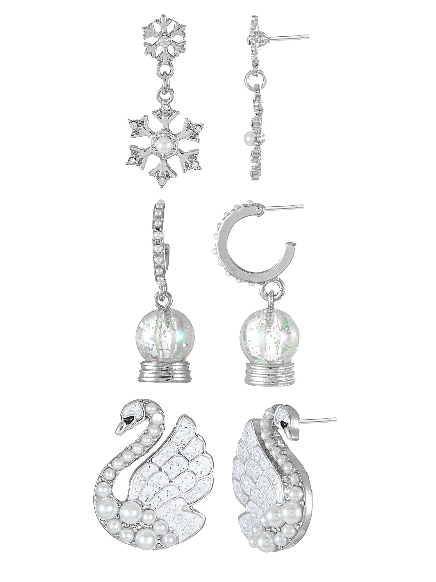 Holiday Time Swan, Snowflake, Snow Globe Earrings, 3 Pairs