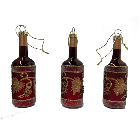 Holiday Time THREE Red WINE BOTTLE Glass Christmas Ornaments With LEAF GLITTERLACE