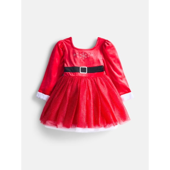Holiday Time Toddler Girls' Velour Santa Dress with Long Sleeves, Sizes 12M-5T