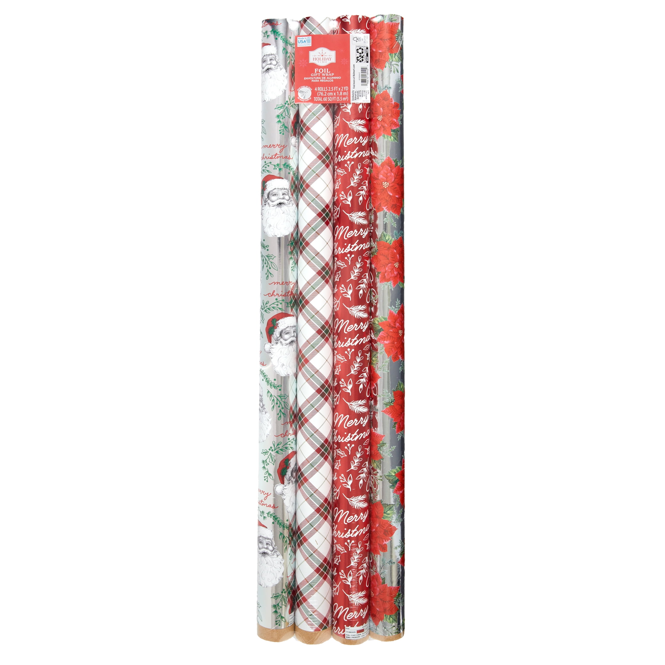 Silver & Red Metallic Foil Christmas Gift Wrap Paper, 30 in x 2 yd, 4 Rolls, by Holiday Time