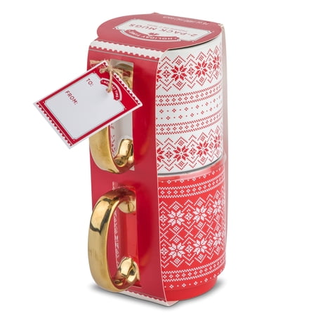 Holiday Time Two Pack Ceramic Fair Isle Coffee Mugs, 16 fl oz, Red and White