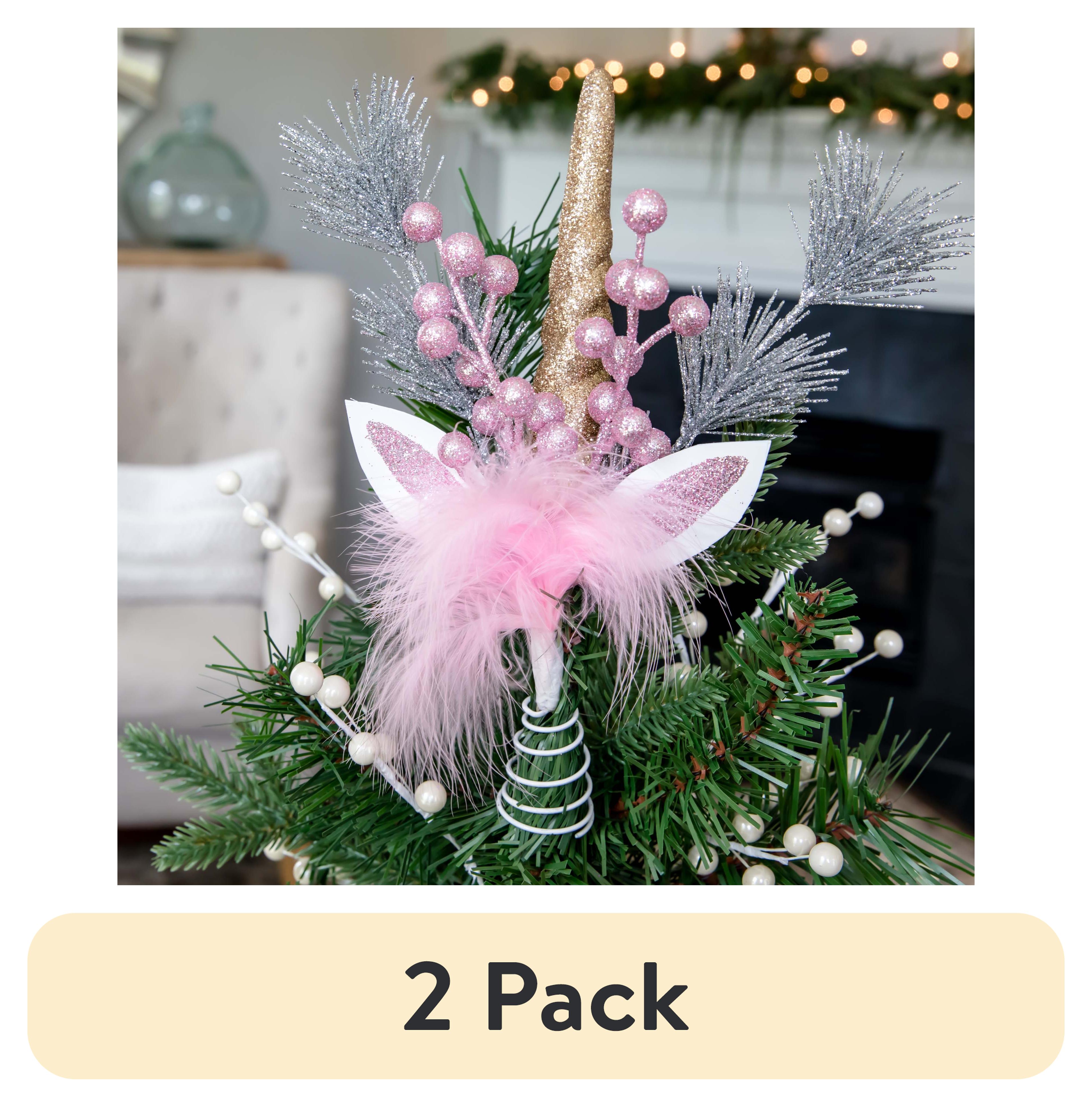 (2 pack) Holiday Time Unicorn Christmas Tree Topper, 11 inch