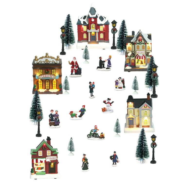 Christmas Village Set Buildings, Trees and people - Pearl white Ceramic  painted