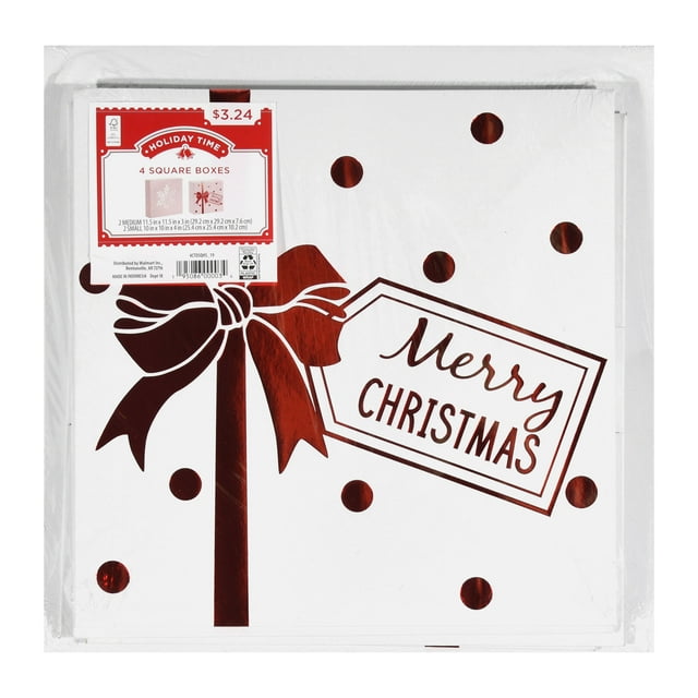 Holiday Time White Merry Christmas Square Boxes 4 Count