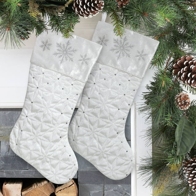 Holiday Time White Quilted Velvet Christmas Stocking, 2 Count