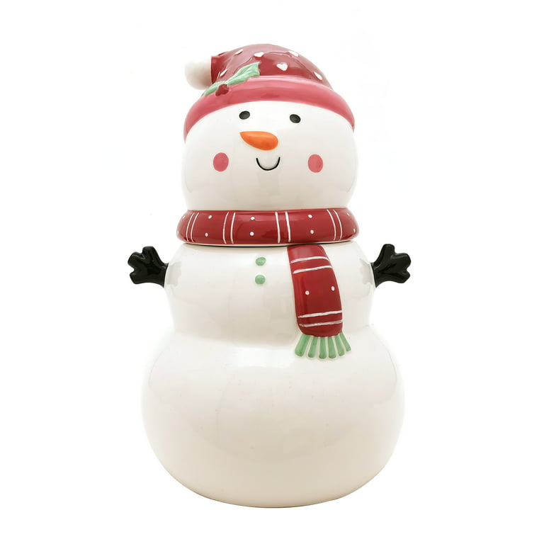 Holiday Time White Snowman Treat Cookie Jar, Earthenware Ceramic
