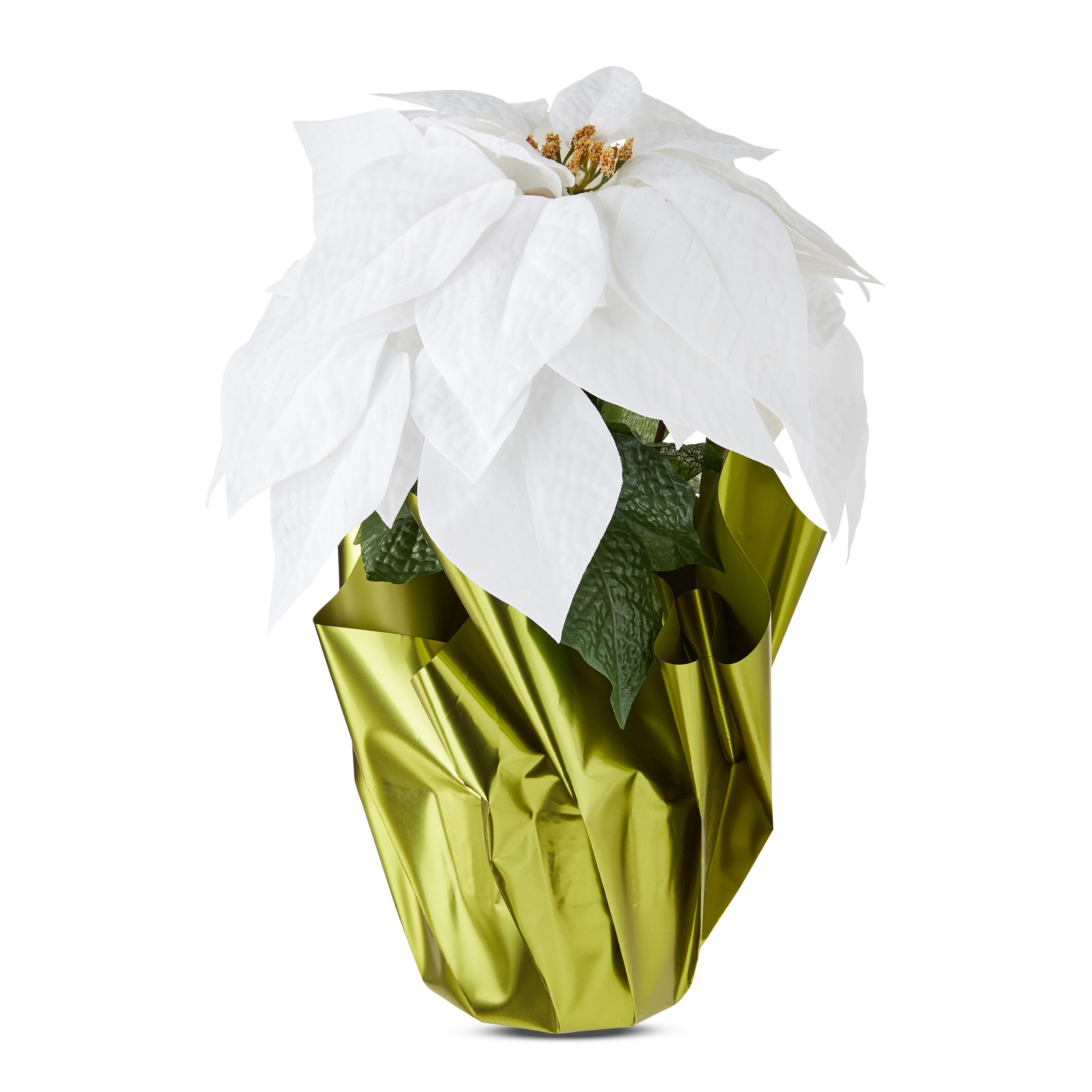 15-Inch White Velvet Artificial Poinsettia in Green Foil Pot, by Holiday Time