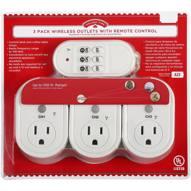 Holiday Time Wireless Outlets with Remote, 3-Pack with 100 Foot Radio ...