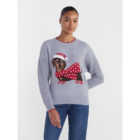Women’s Doxin Dog Applique Sweater by Holiday Time, Midweight, Sizes XS-4X
