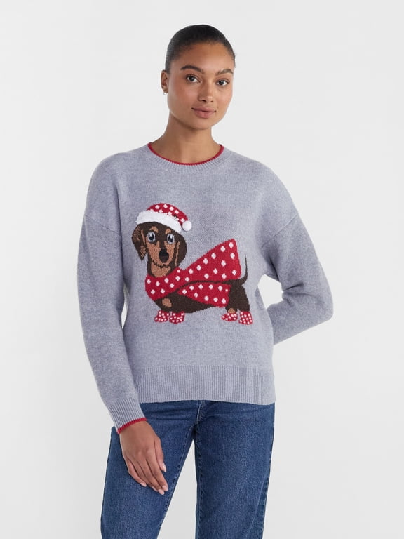 Women’s Doxin Dog Applique Sweater by Holiday Time, Midweight, Sizes XS-4X