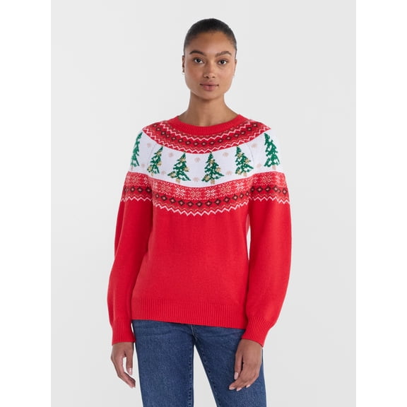 Women's Pretty Tree Applique Fair Isle Sweater by Holiday Time, Midweight, Sizes XS-XXL