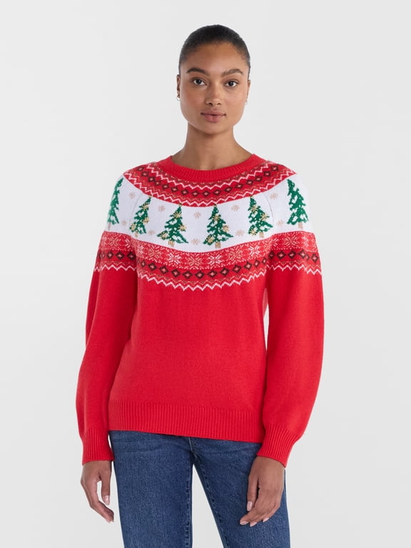 Women's Pretty Tree Applique Fair Isle Sweater by Holiday Time, Midweight, Sizes XS-XXL
