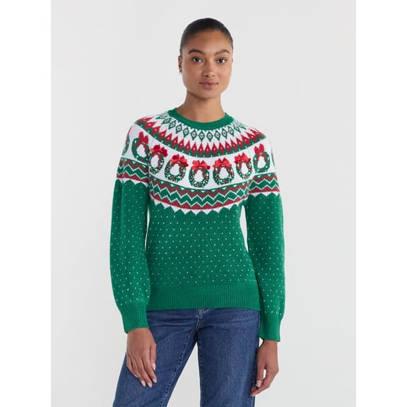 Women's Pretty Wreath Applique Fair Isle Sweater by Holiday Time, Midweight, Sizes XS-XXL