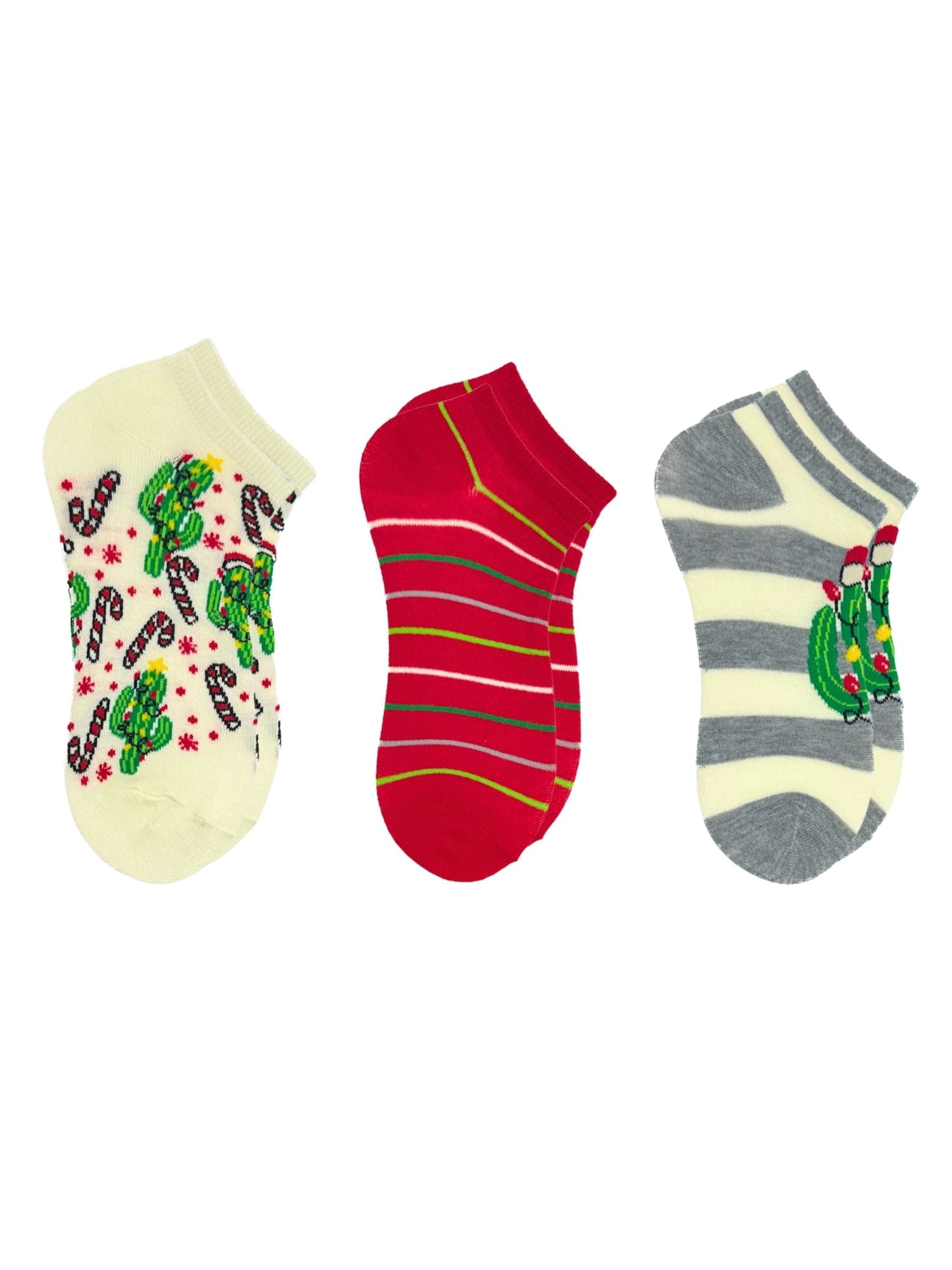 Holiday Time Women's Candy Cane Cactus No-Show Socks, 3-Pack, Size 4-10