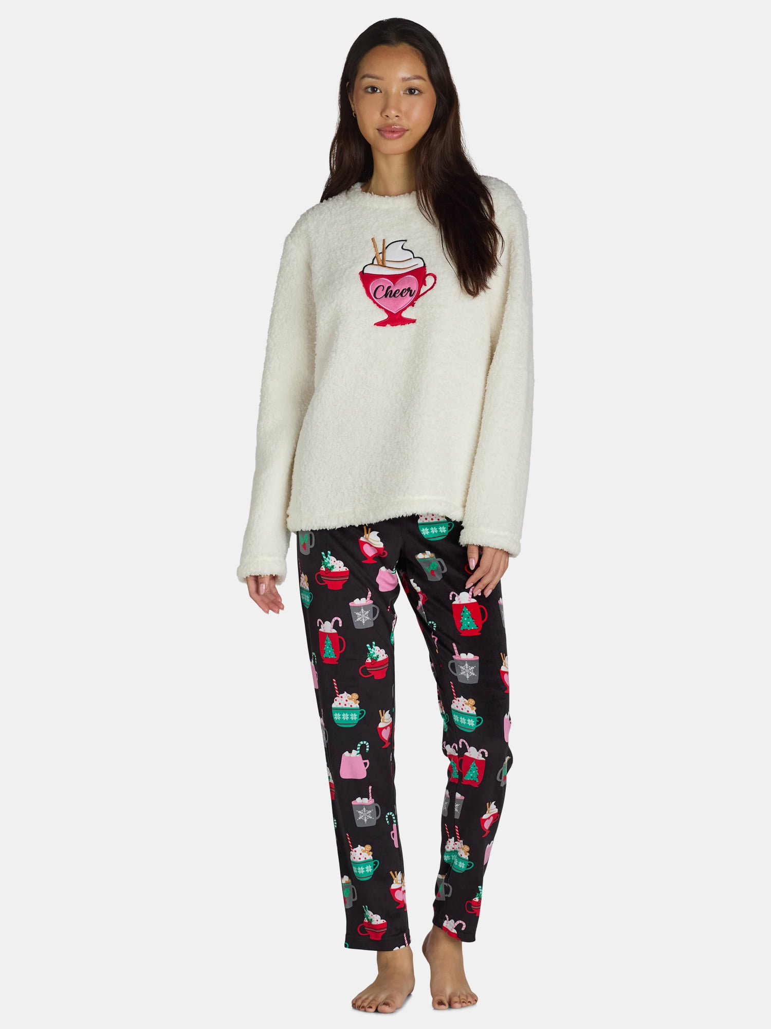 Holiday Time Women's and Women’s Plus Cheer Holiday Plush Pajama Set, 2-Piece, Sizes S-3X