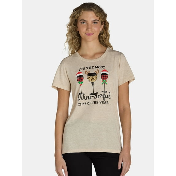 Holiday Time Women's Christmas Wine Graphic Tee, Sizes S-3XL