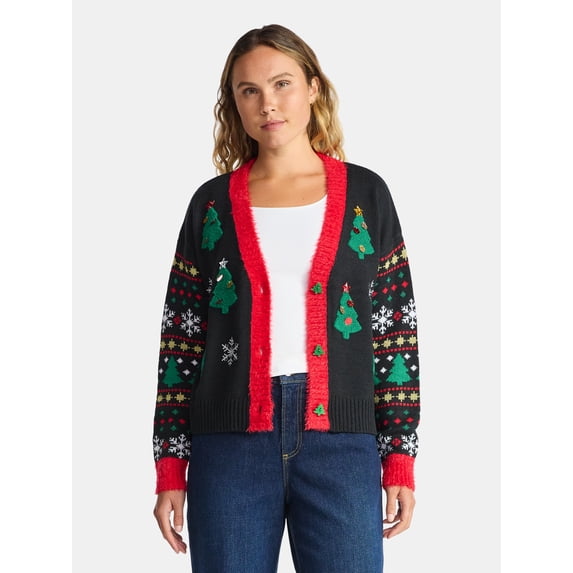 Women's Embellished Button Front Christmas Cardigan from Holiday Time, Sizes XS-XXXL