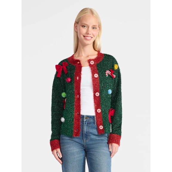 Women's Embellished Button Front Christmas Cardigan from Holiday Time, Sizes XS-XXXL