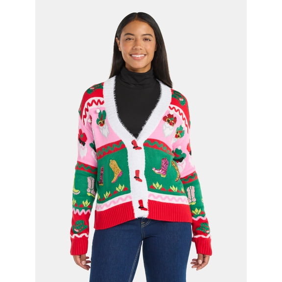 Women's Embellished Button Front Christmas Cardigan from Holiday Time, Sizes XS-XXXL