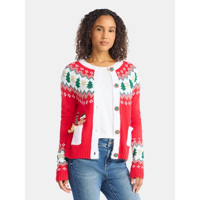 Women's Embellished Button Front Christmas Cardigan from Holiday Time, Sizes XS-XXXL