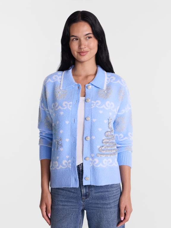Women's Embellished Christmas Cardigan Sweater, Midweight, Sizes XXS-XXL