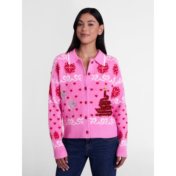 Holiday Time Women's Embellished Christmas Cardigan Sweater, Midweight, Sizes XXS-XXL