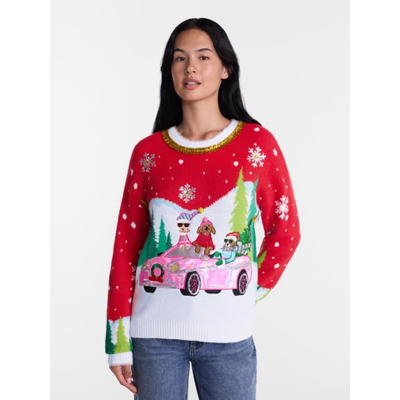 Holiday Time Women's and Women's Plus Embellished Christmas Sweater, Midweight, Sizes XXS-4X