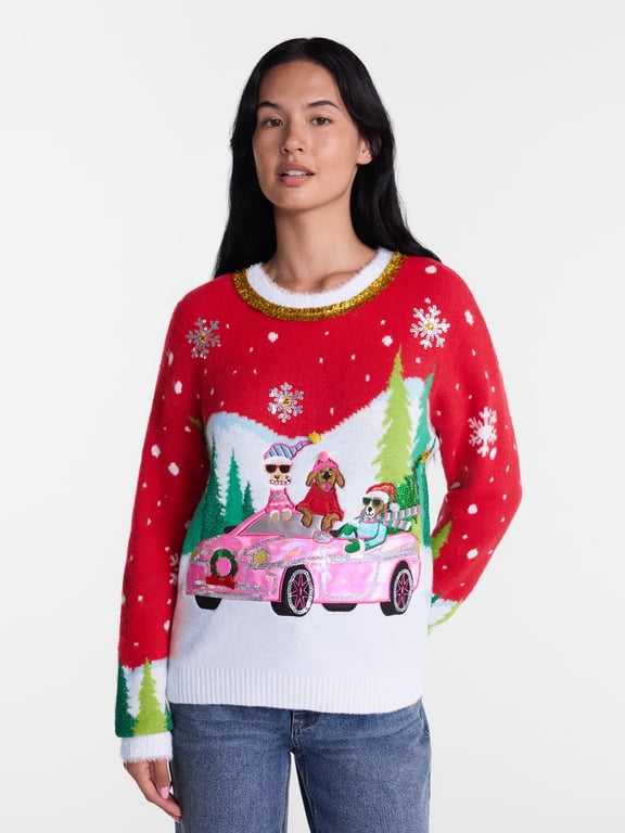 Women's and Women's Plus Embellished Christmas Sweater, Midweight, Sizes XXS-4X