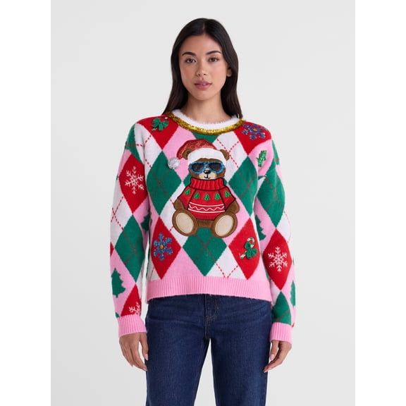 Holiday Time Women's and Women's Plus Embellished Christmas Sweater, Midweight, Sizes XXS-4X