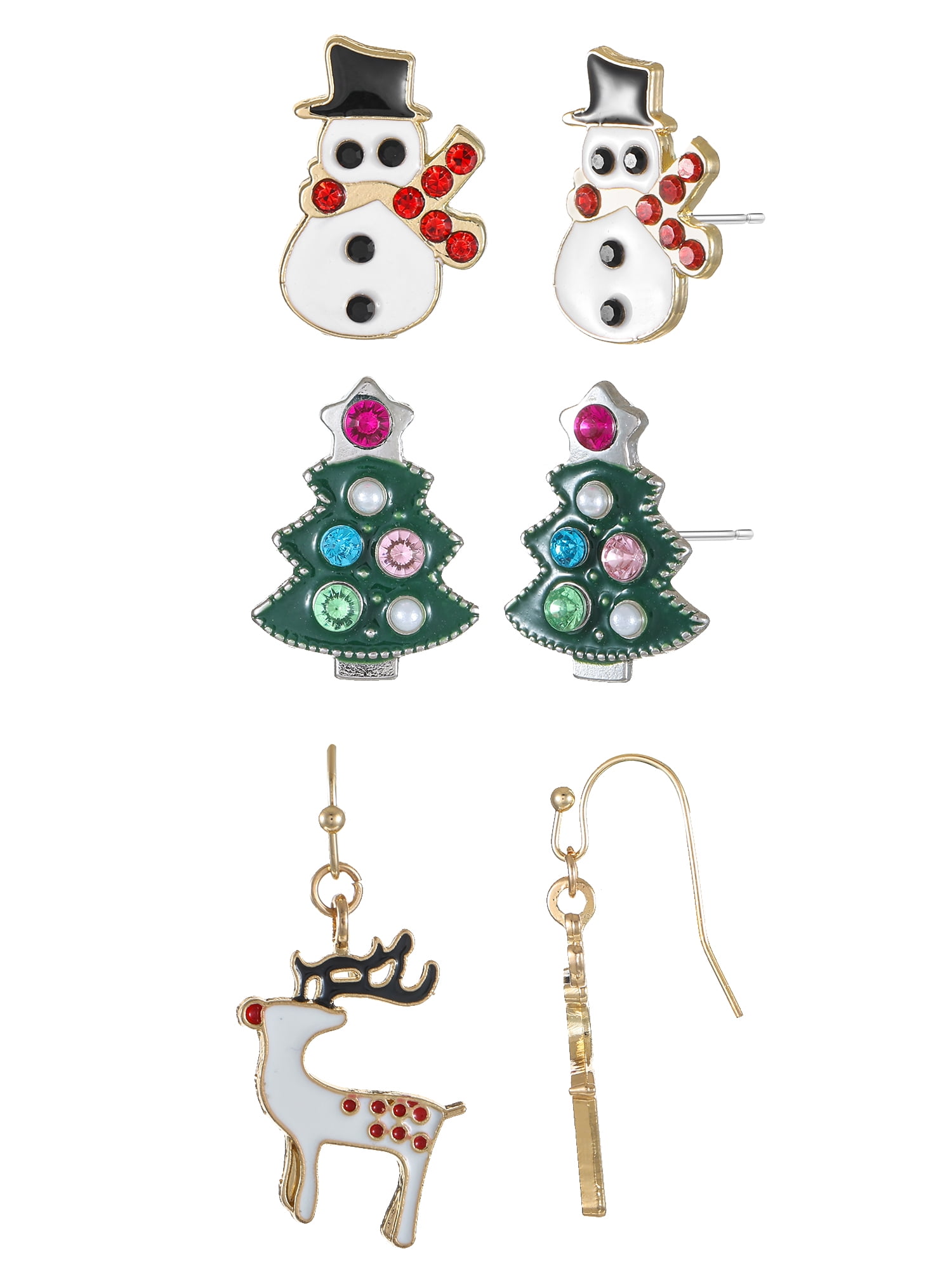 Holiday Time Women's Goldtone Christmas Motif Earrings, 3 Pairs