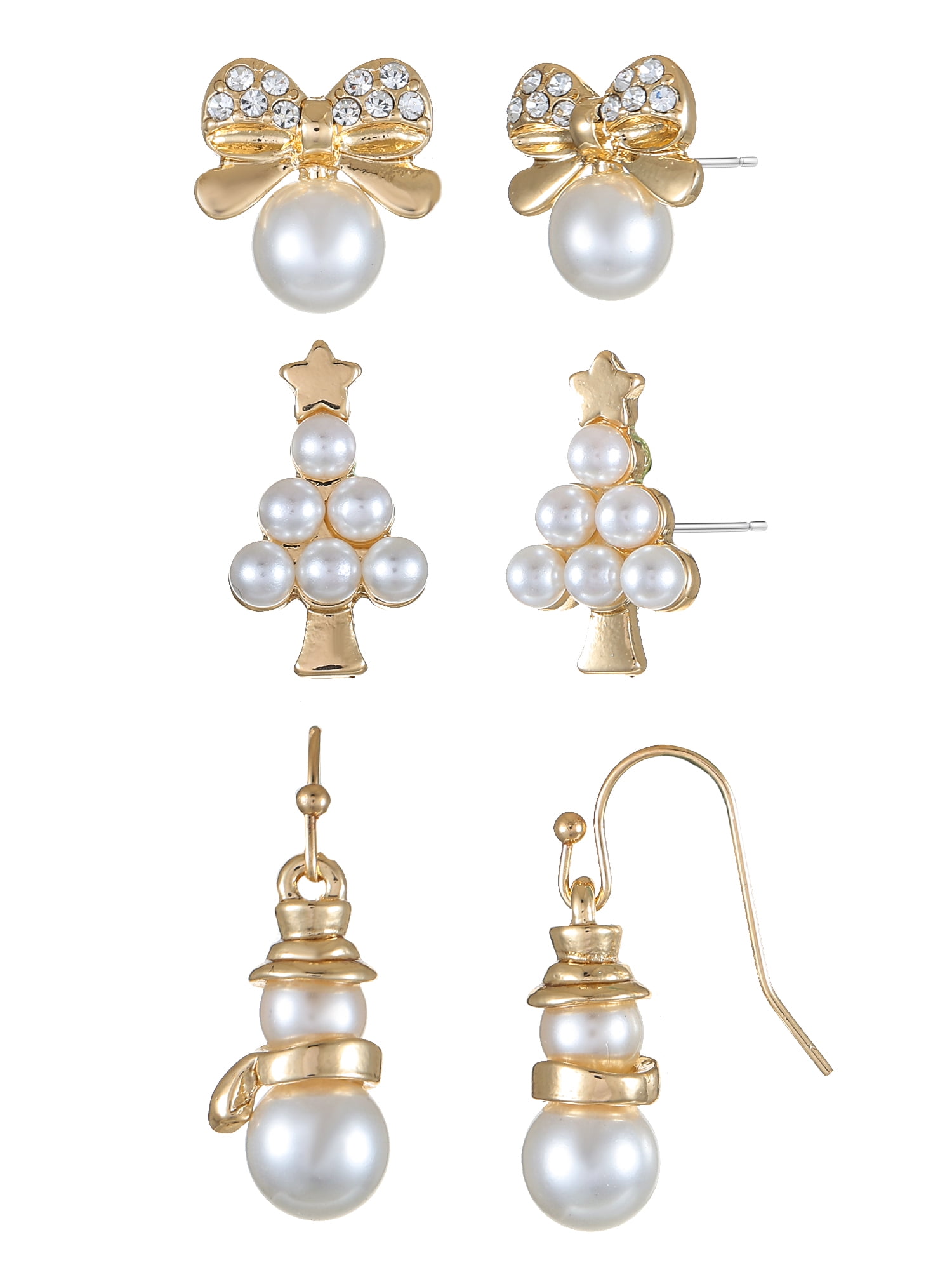 Holiday Time Women's Goldtone Christmas Motif Earrings, Simulated Pearl, 3 Pairs